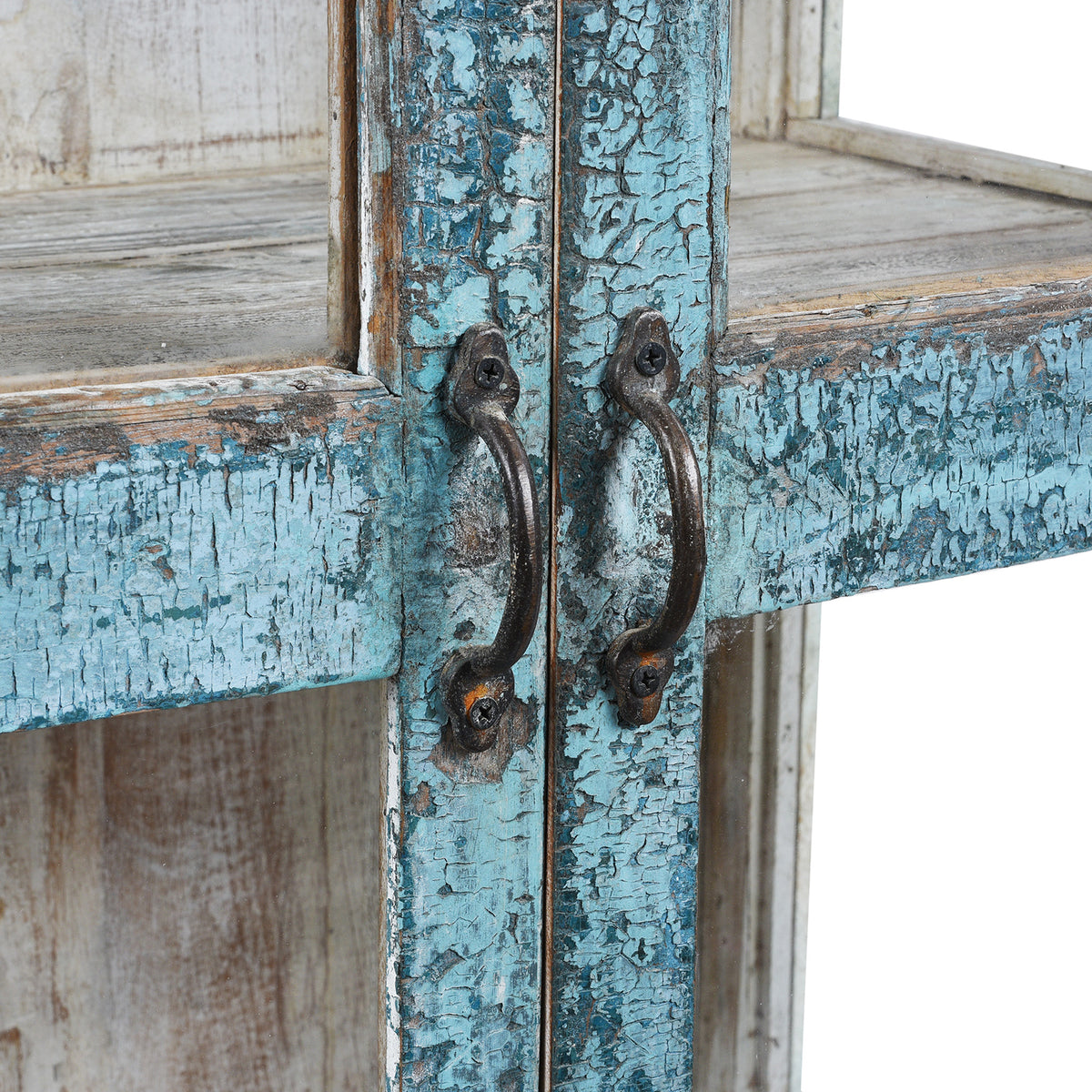 Handles Detail From Elegant Glazed Display Cabinet From 19th Century Gujarat With Distressed Blue Exterior And White Interior, Featuring Shelf For Generous Storage