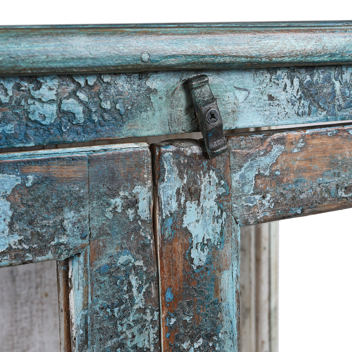 Latch Detail From Elegant Glazed Display Cabinet From 19th Century Gujarat With Distressed Blue Exterior And White Interior, Featuring Shelf For Generous Storage