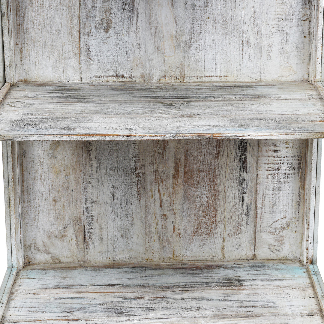 Interior Detail From Elegant Glazed Display Cabinet From 19th Century Gujarat With Distressed Blue Exterior And White Interior, Featuring Shelf For Generous Storage