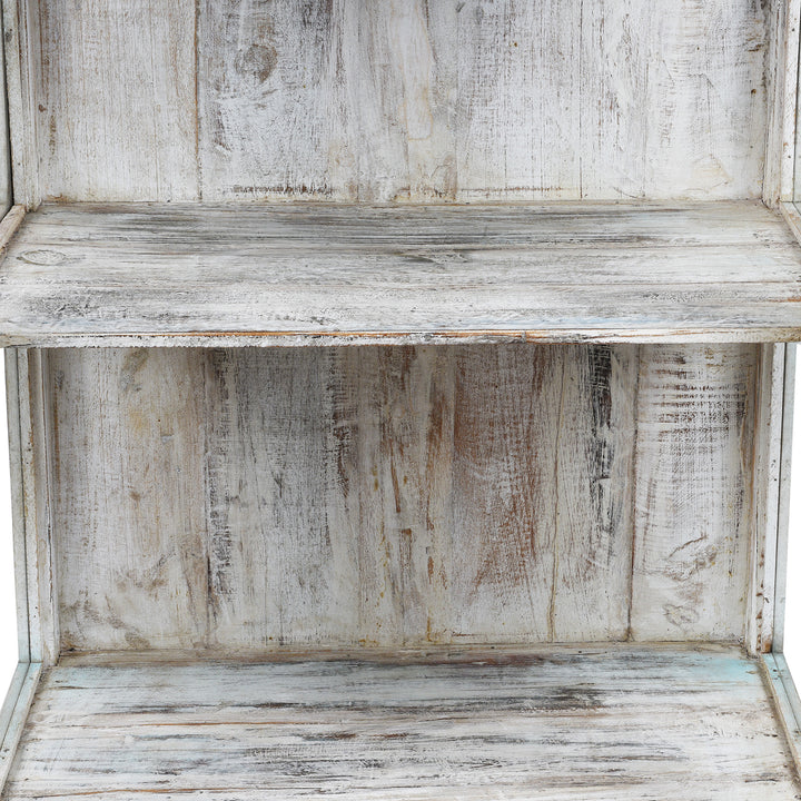 Interior Detail From Elegant Glazed Display Cabinet From 19th Century Gujarat With Distressed Blue Exterior And White Interior, Featuring Shelf For Generous Storage