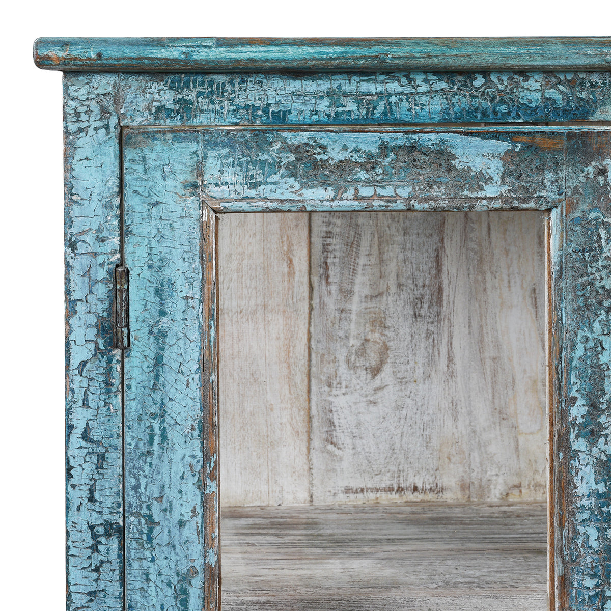 Corner Detail Showing Distressed Frame From Elegant Glazed Display Cabinet From 19th Century Gujarat With Distressed Blue Exterior And White Interior, Featuring Shelf For Generous Storage