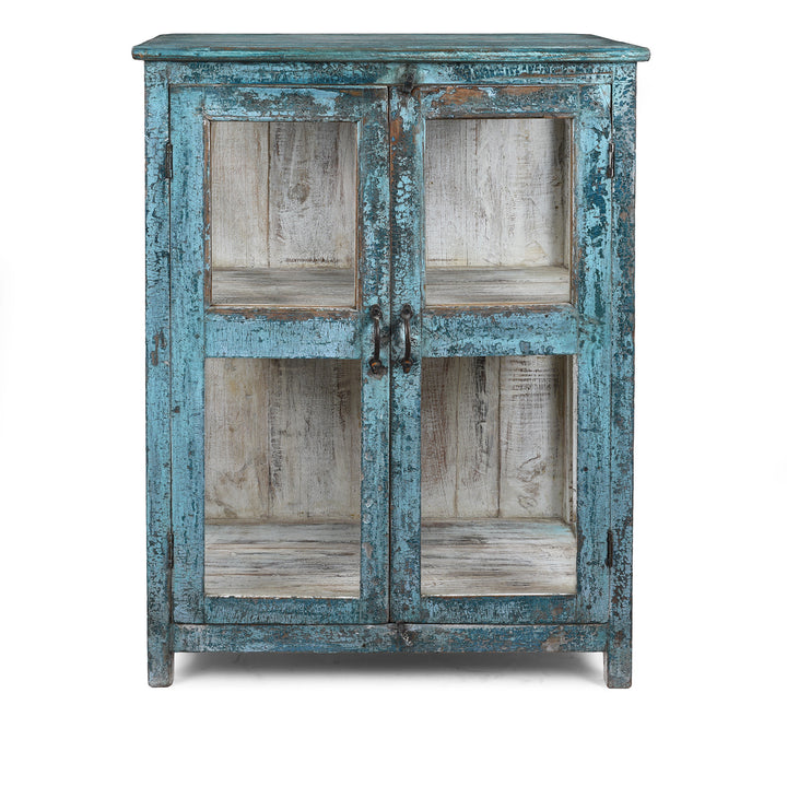 Elegant Glazed Display Cabinet From 19th Century Gujarat With Distressed Blue Exterior And White Interior, Featuring Shelf For Generous Storage