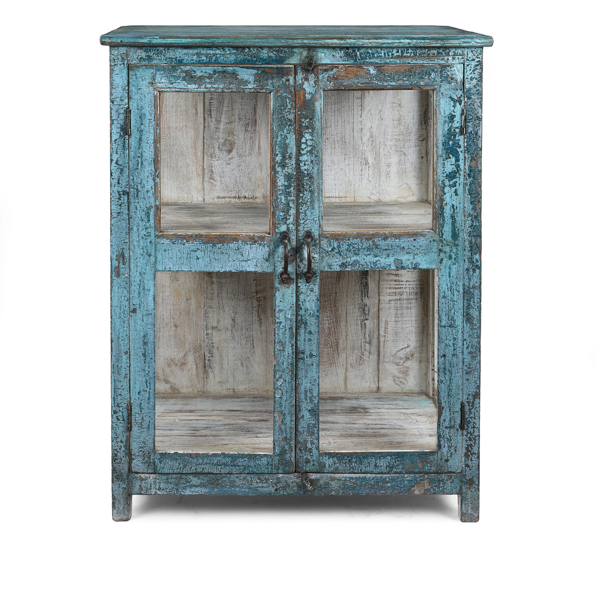 Elegant Glazed Display Cabinet From 19th Century Gujarat With Distressed Blue Exterior And White Interior, Featuring Shelf For Generous Storage