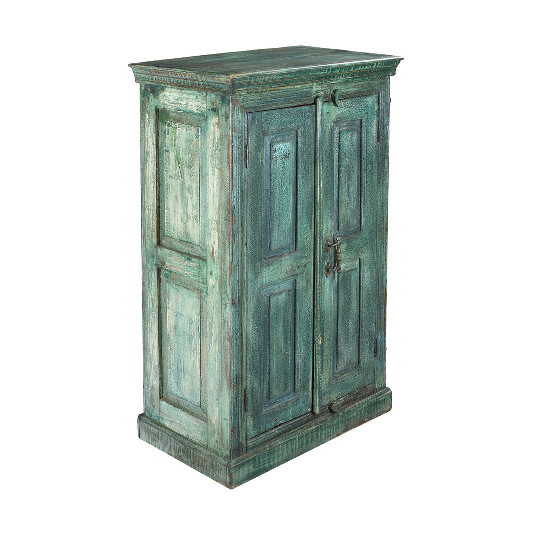 Angled View Of 2 Door Indian Cabinet Made From Reclaimed Teak | Indigo Antiques