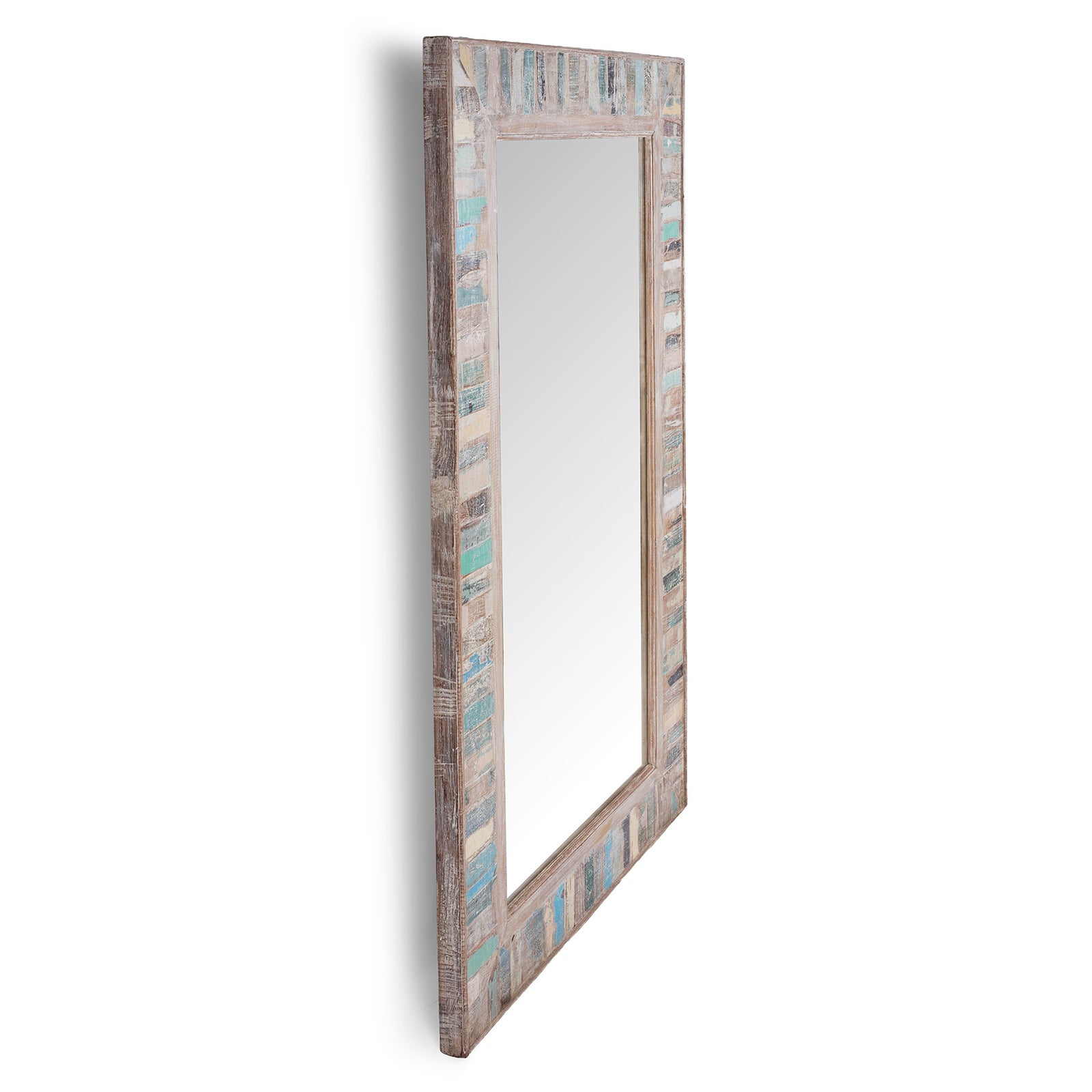 Angled View Of Painted Mirror Made From Reclaimed Teak Wood | Indigo Antiques