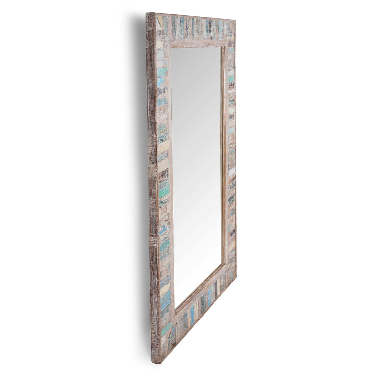 Angled View Of Painted Mirror Made From Reclaimed Teak Wood | Indigo Antiques