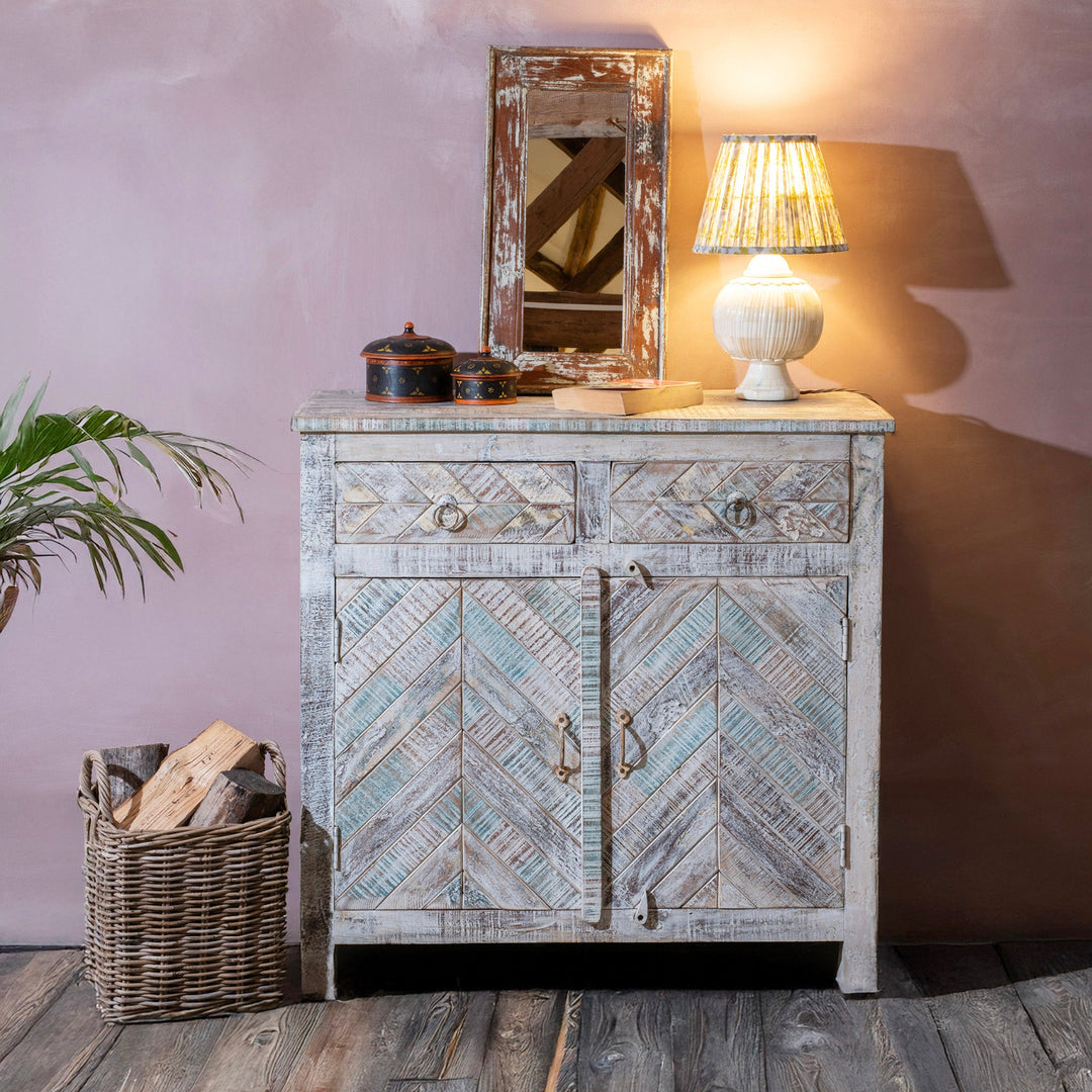 2 Door Parquet Side Cabinet Made From Reclaimed Teak | Indigo Antiques