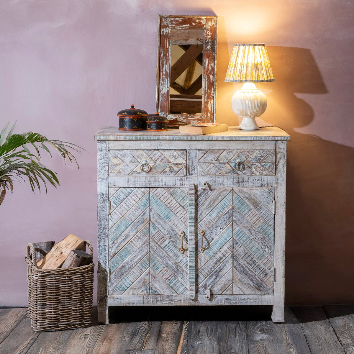 2 Door Parquet Side Cabinet Made From Reclaimed Teak | Indigo Antiques