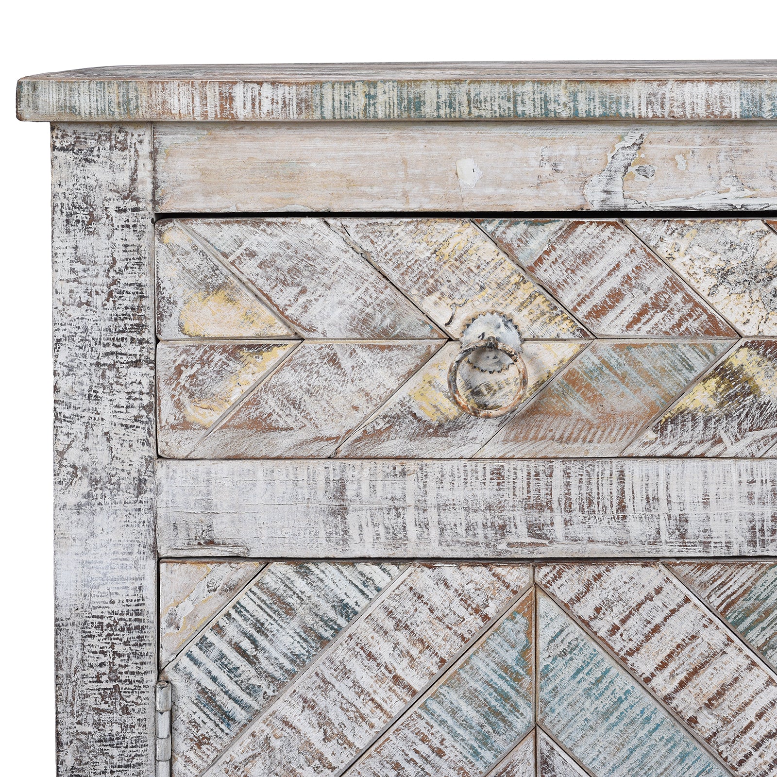 Corner Detail Showing Drawer From 2 Door Parquet Side Cabinet Made From Reclaimed Teak | Indigo Antiques