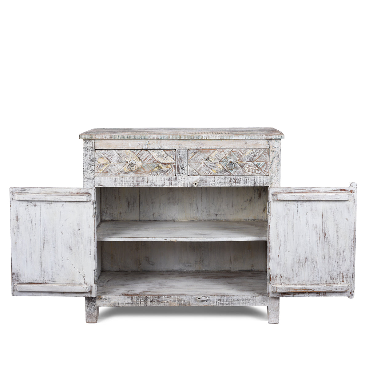 Interior Of 2 Door Parquet Side Cabinet Made From Reclaimed Teak | Indigo Antiques