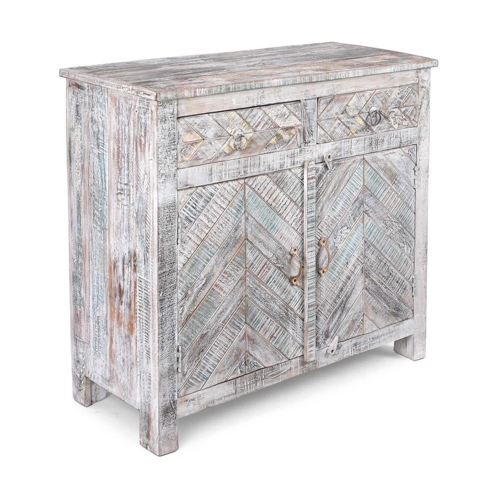 Angled VIew Of 2 Door Parquet Side Cabinet Made From Reclaimed Teak | Indigo Antiques