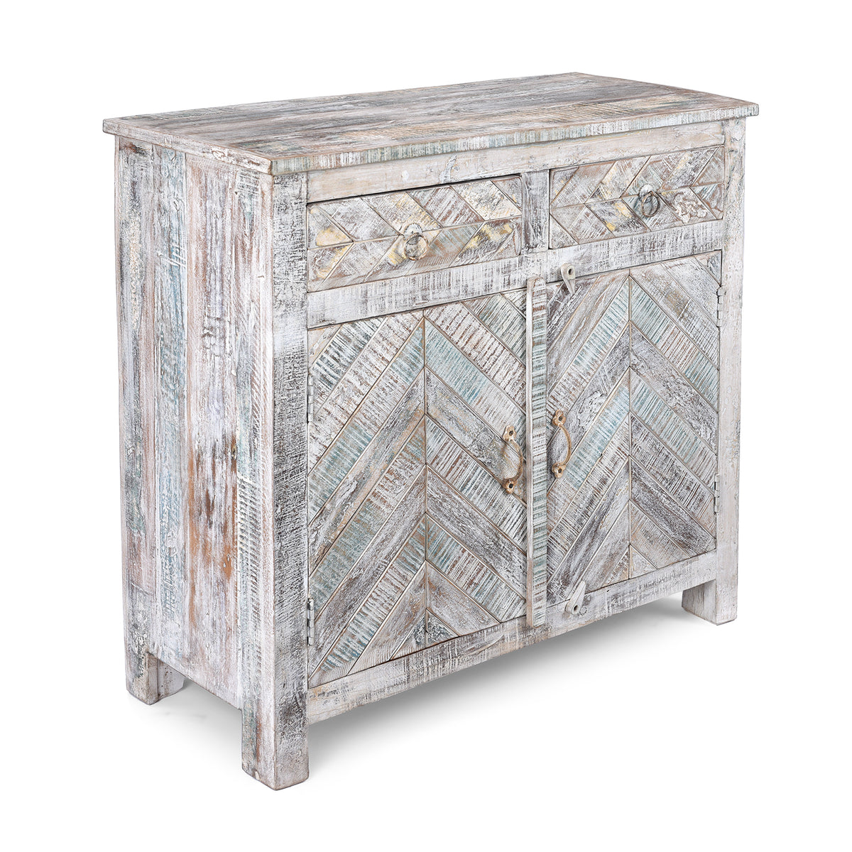 Angled VIew Of 2 Door Parquet Side Cabinet Made From Reclaimed Teak | Indigo Antiques