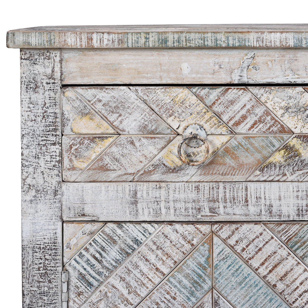 Corner Detail Showing Drawer From 2 Door Parquet Side Cabinet Made From Reclaimed Teak | Indigo Antiques