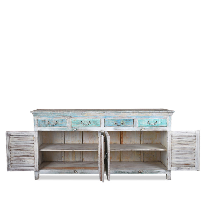 Interior Of Reclaimed Blue Painted Indian Louvre Sideboard