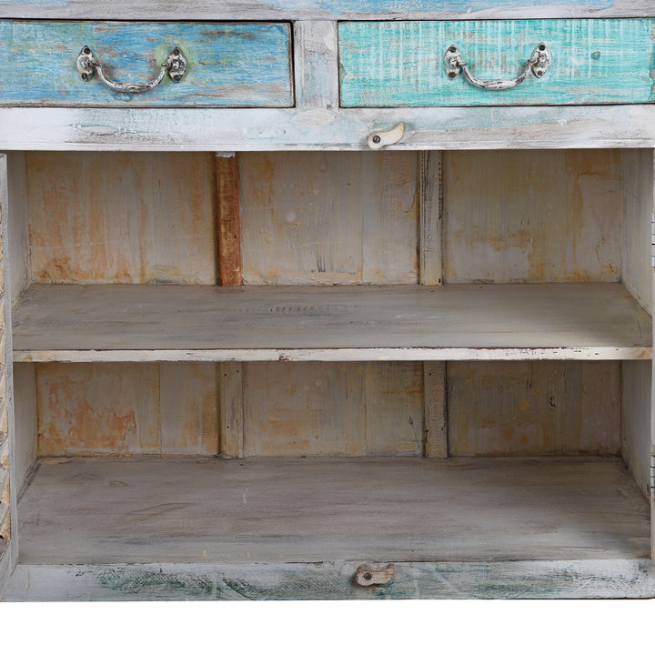 Shelving Interior Detail From Reclaimed Blue Painted Indian Louvre Sideboard