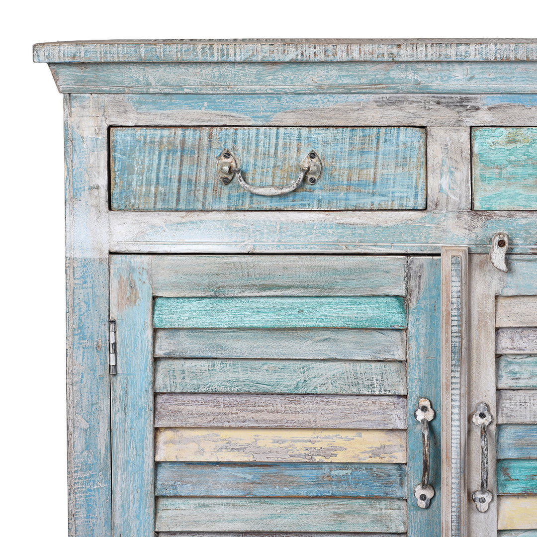 Corner Detail Showing Drawer And Louvre Detailing From Reclaimed Blue Painted Indian Louvre Sideboard