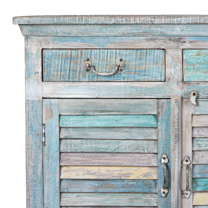 Corner Detail Showing Drawer And Louvre Detailing From Reclaimed Blue Painted Indian Louvre Sideboard