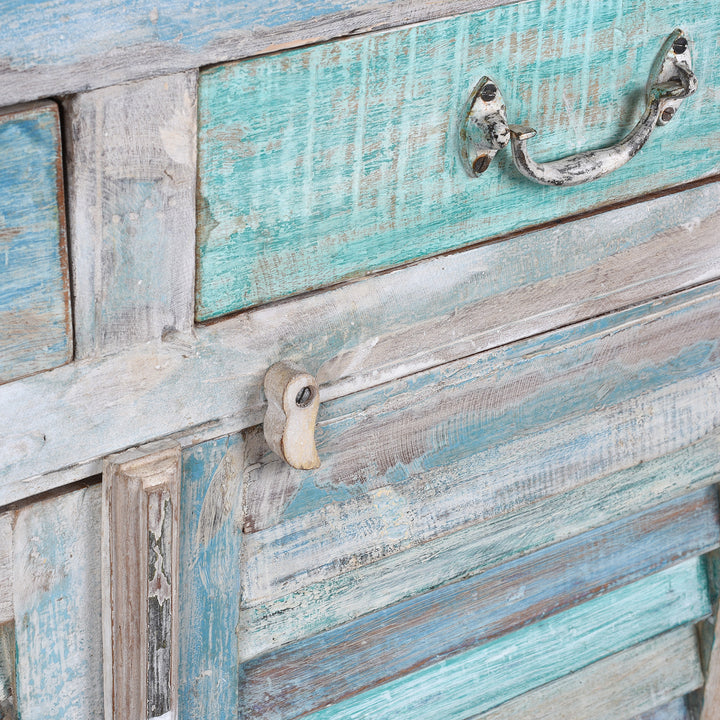 Latch And Paintwork Detail From Reclaimed Blue Painted Indian Louvre Sideboard