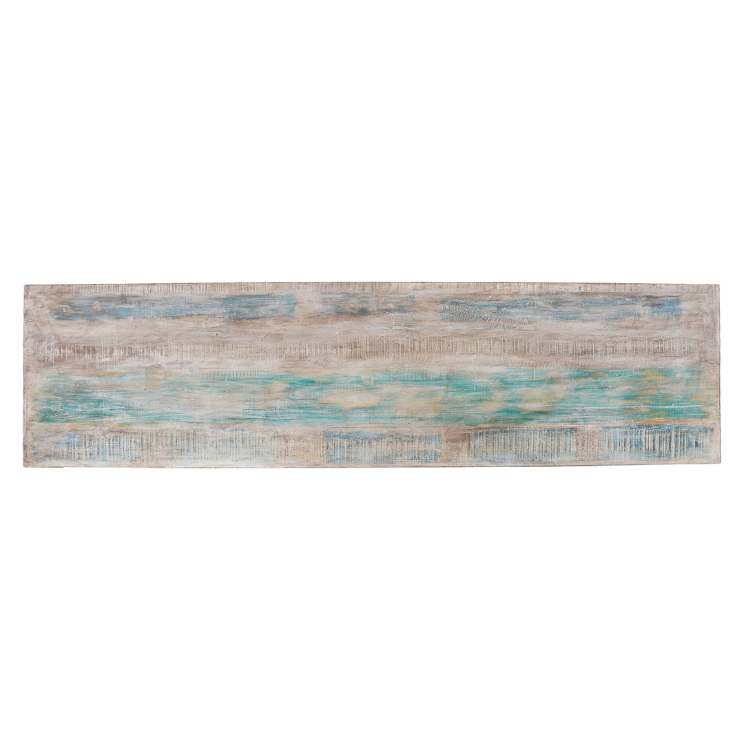 Top Down View Of Reclaimed Blue Painted Indian Louvre Sideboard