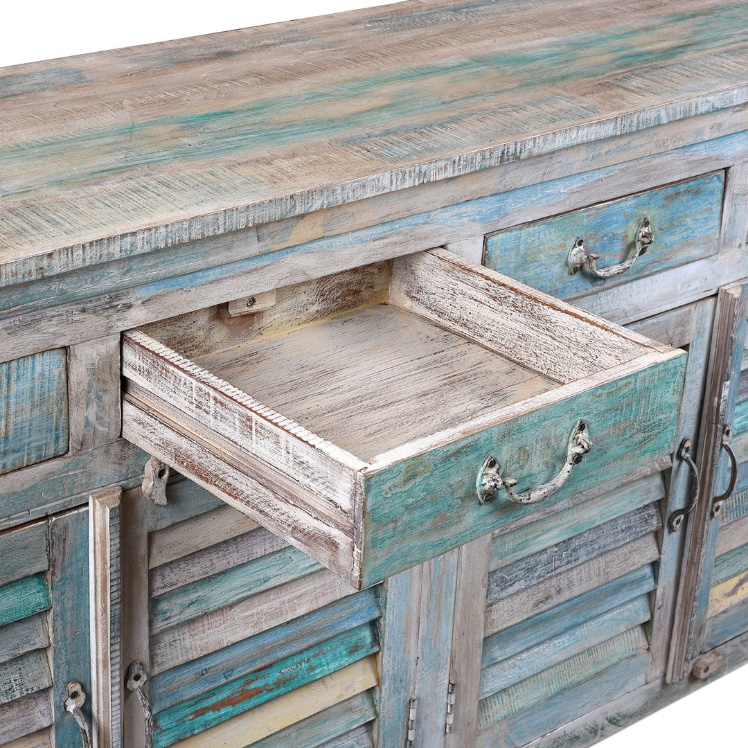 Interior Of Drawer Detail From Reclaimed Blue Painted Indian Louvre Sideboard