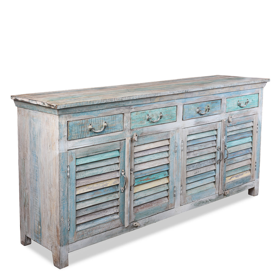 Angled VIew Showing Depth Of Reclaimed Blue Painted Indian Louvre Sideboard
