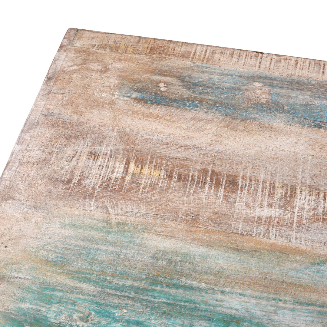 Detail From The Top Of Reclaimed Blue Painted Indian Louvre Sideboard