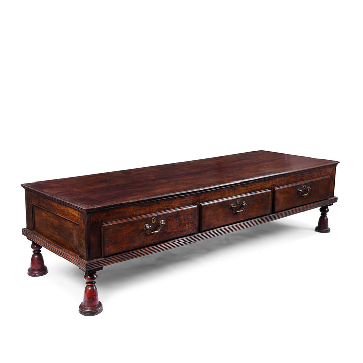 Angled View Of Bohra Takhat From Gujarat With Turned Lacquered Legs And Three Drawers 19th Century