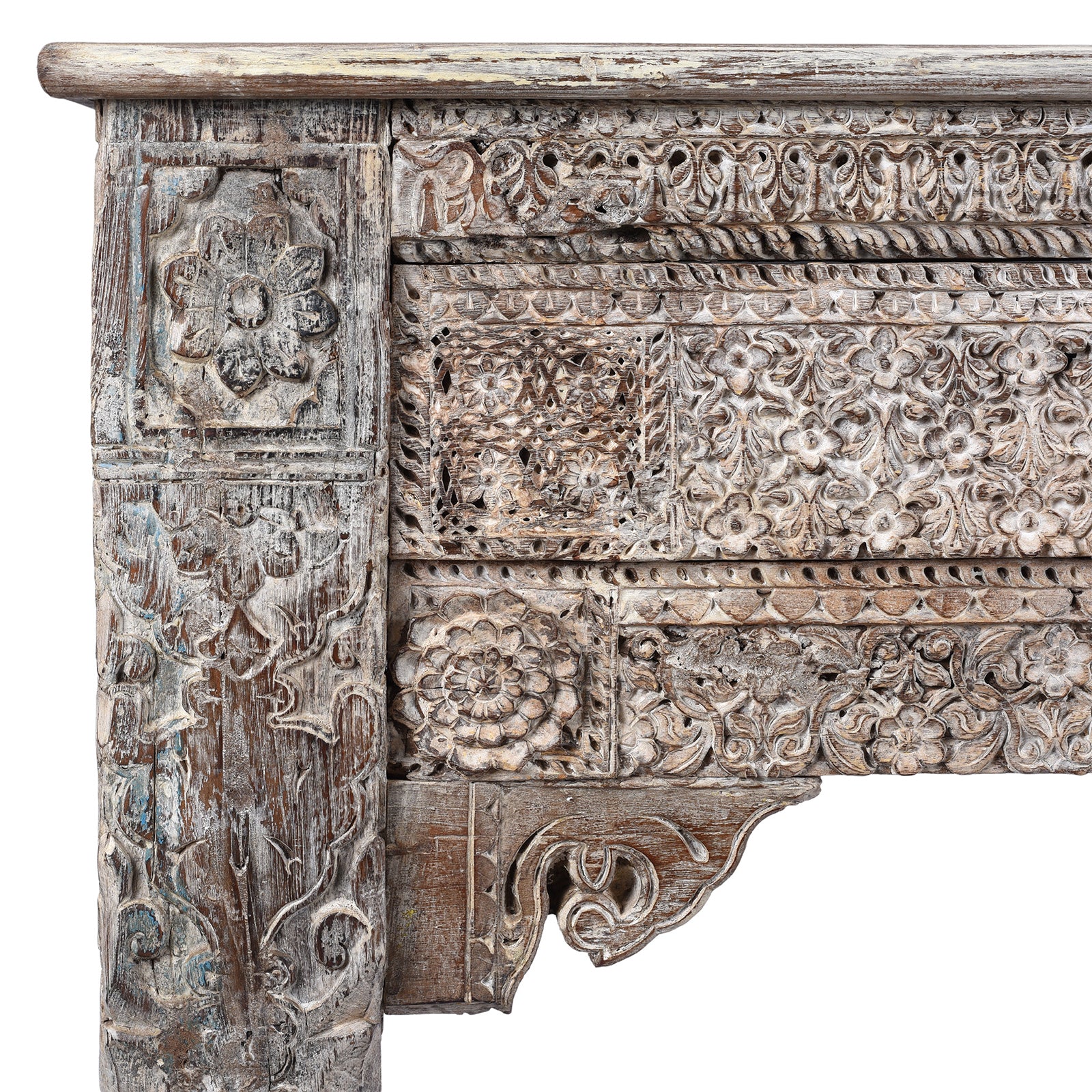 Corner Detail Showing Carvings On Reclaimed Indian Teakwood Console Table | Indigo Antiques