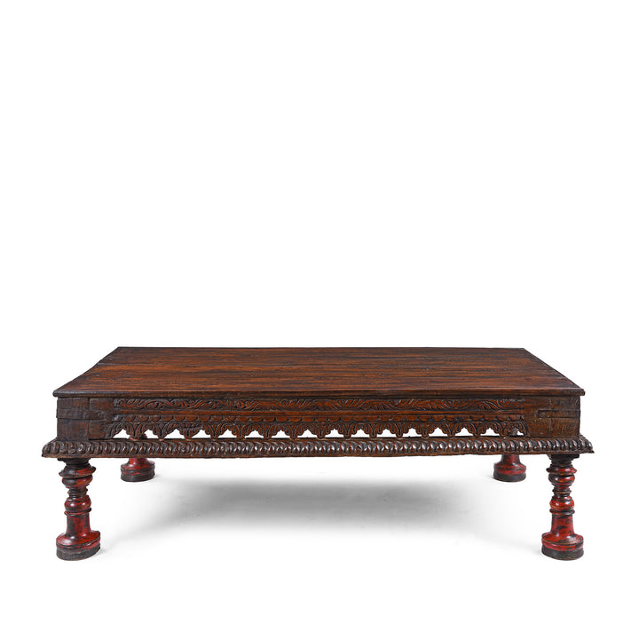 Other Side Of Antique Nineteenth Century Indian Teak Takhat Coffee Table With Turned Lacquered Leg