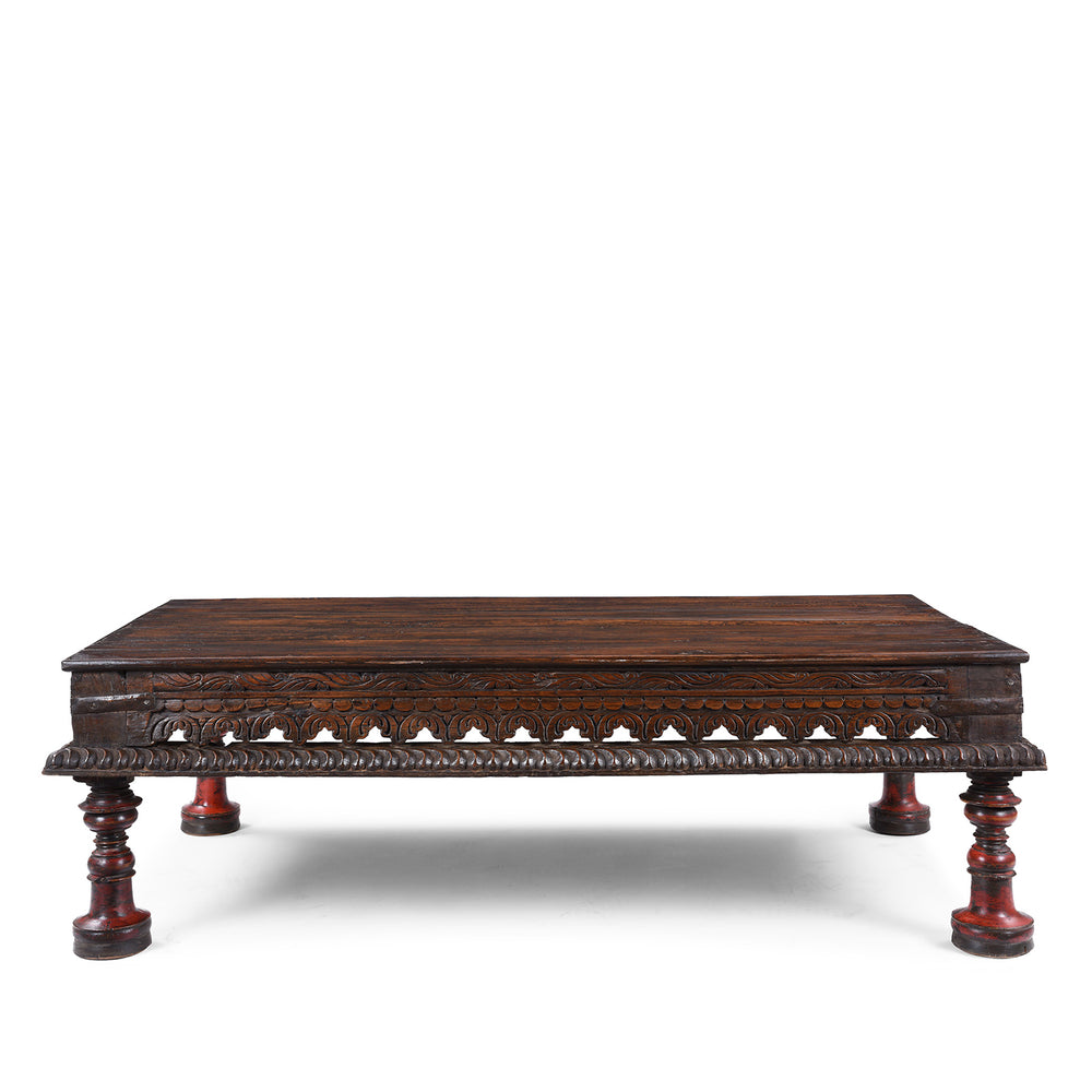 Frontal View Of Antique Nineteenth Century Indian Teak Takhat Coffee Table With Turned Lacquered Leg