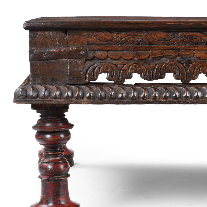 Carving Detail From Antique Nineteenth Century Indian Teak Takhat Coffee Table With Turned Lacquered Leg