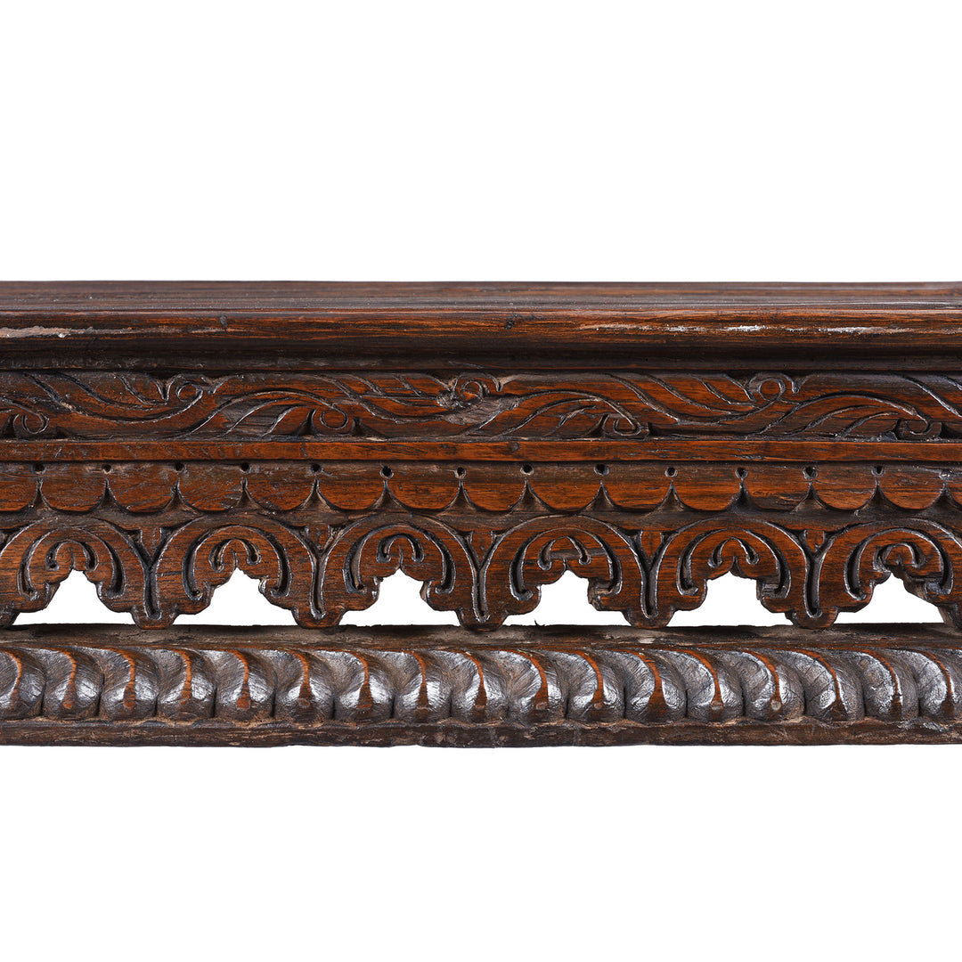 Carving Detail From Antique Nineteenth Century Indian Teak Takhat Coffee Table With Turned Lacquered Leg