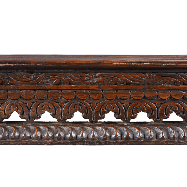 Carving Detail From Antique Nineteenth Century Indian Teak Takhat Coffee Table With Turned Lacquered Leg