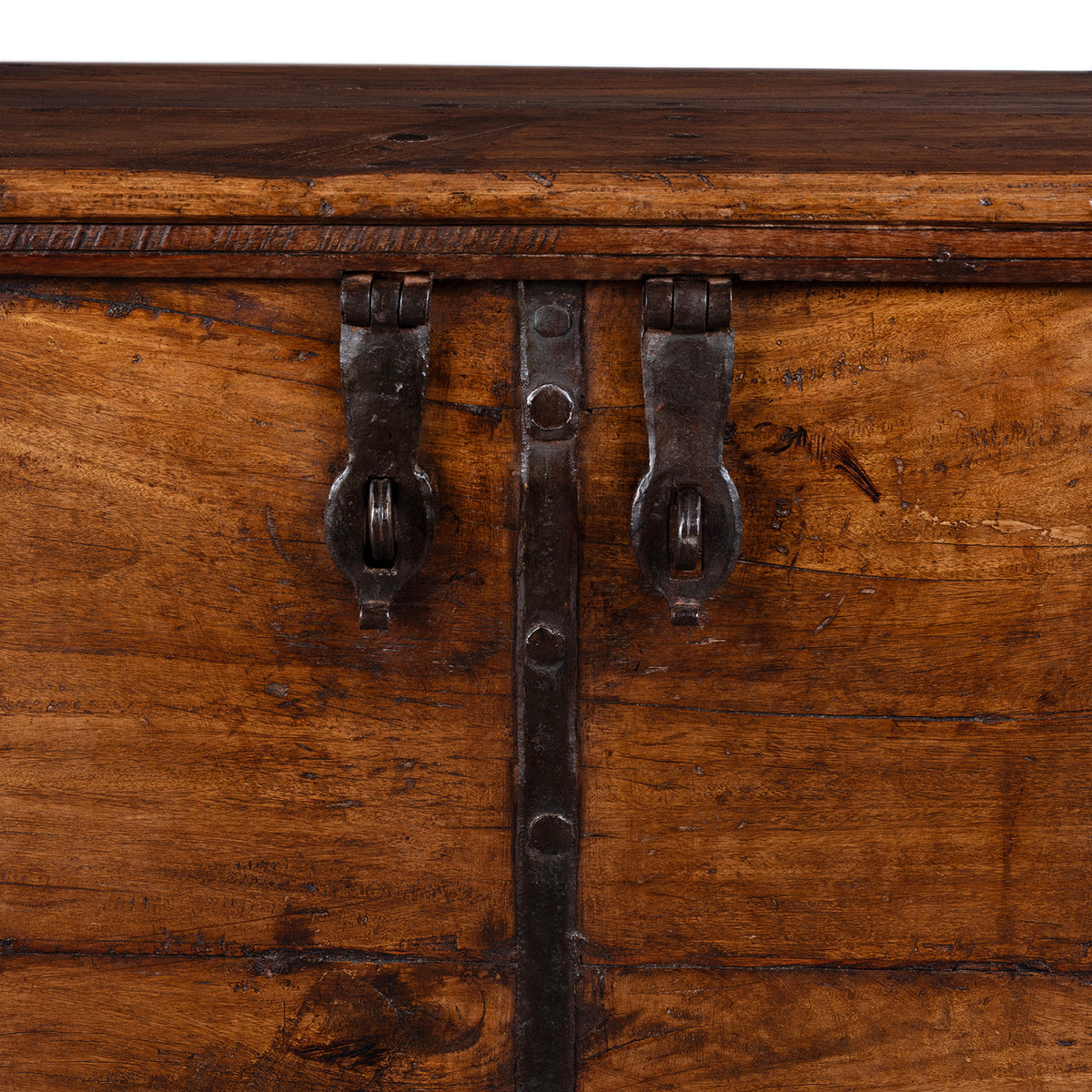 Latch Detail From 19th Century Iron Bound Indian Teak Chest With Candle Box And Lid Support Chain