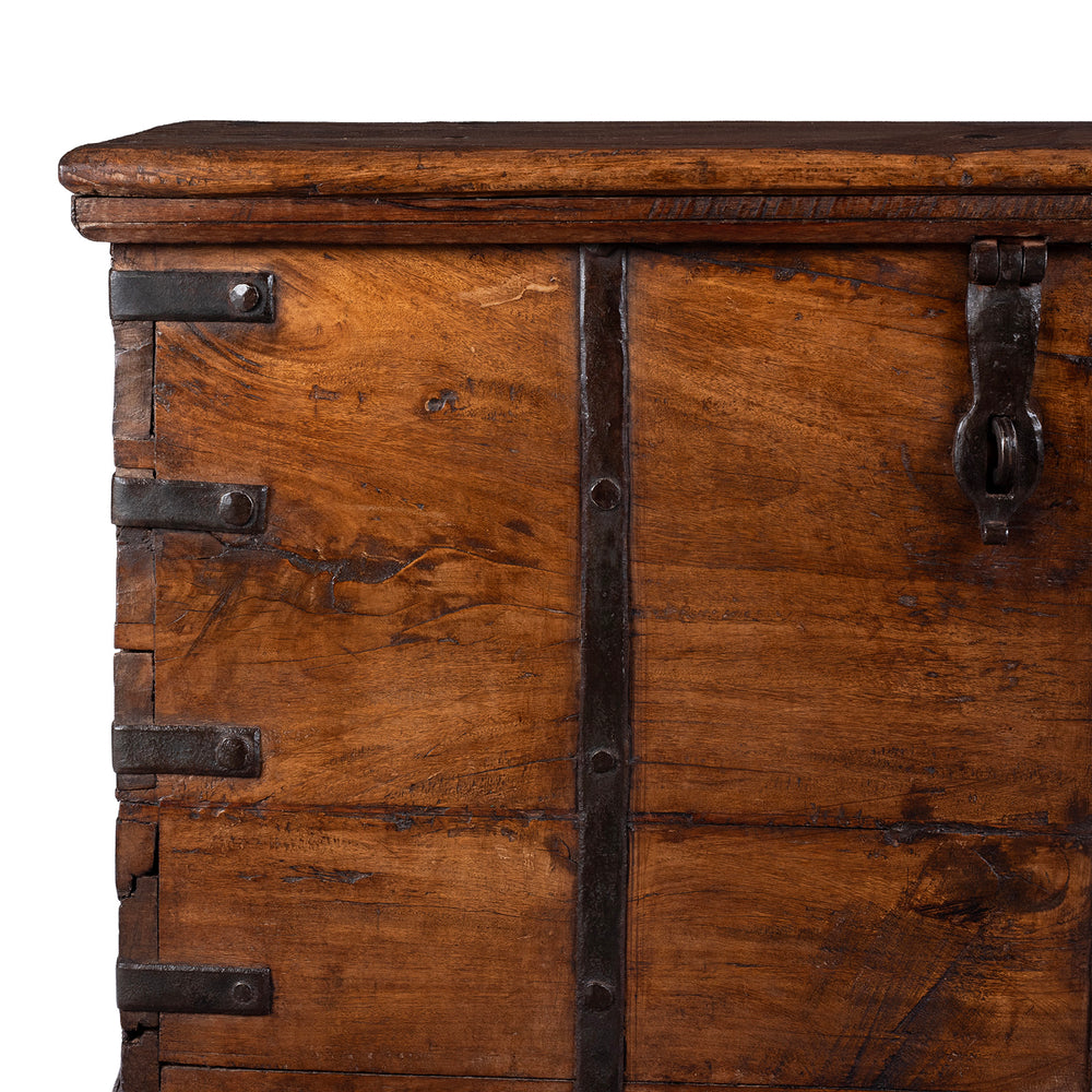 Corner Detail From 19th Century Iron Bound Indian Teak Chest With Candle Box And Lid Support Chain