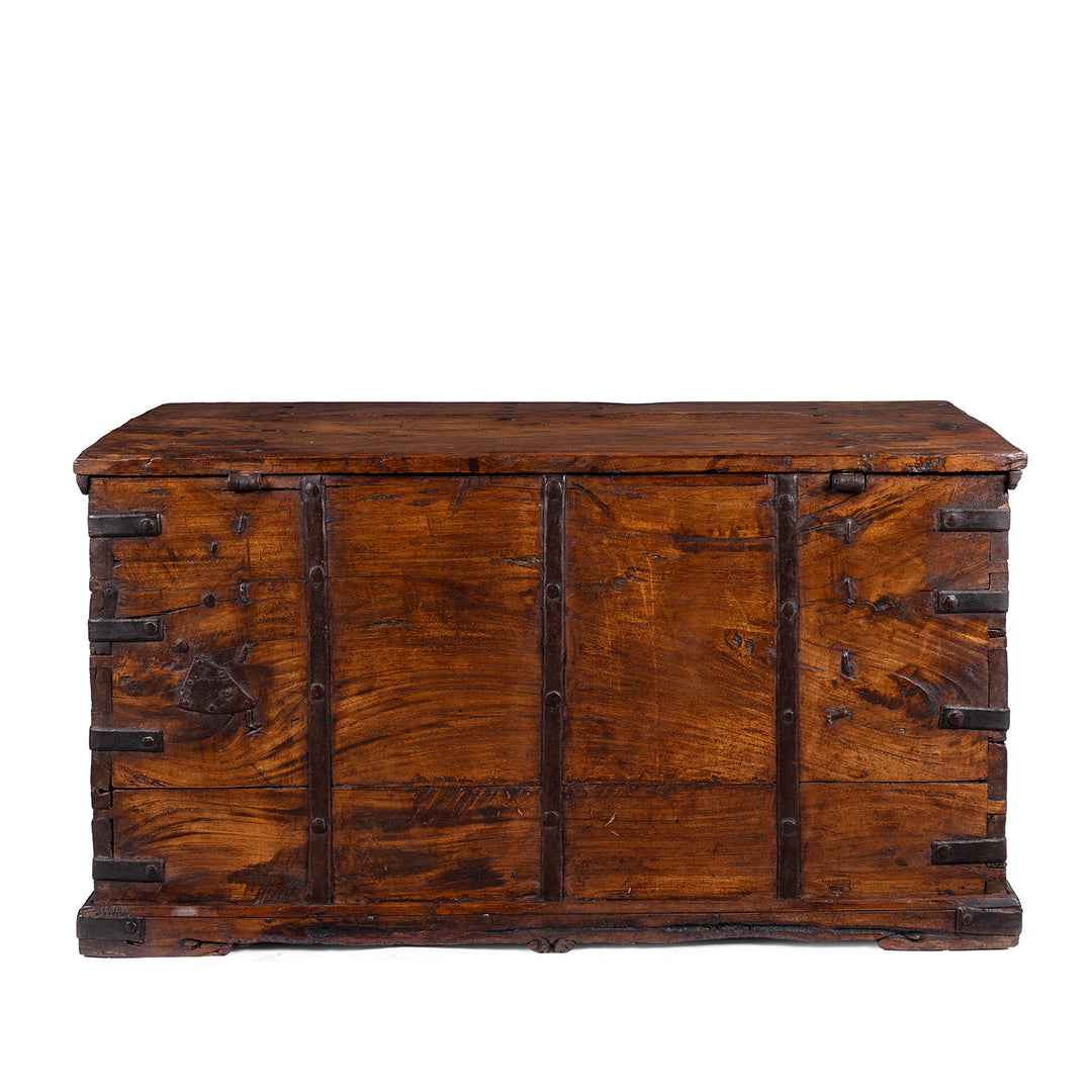 Back Of 19th Century Iron Bound Indian Teak Chest With Candle Box And Lid Support Chain
