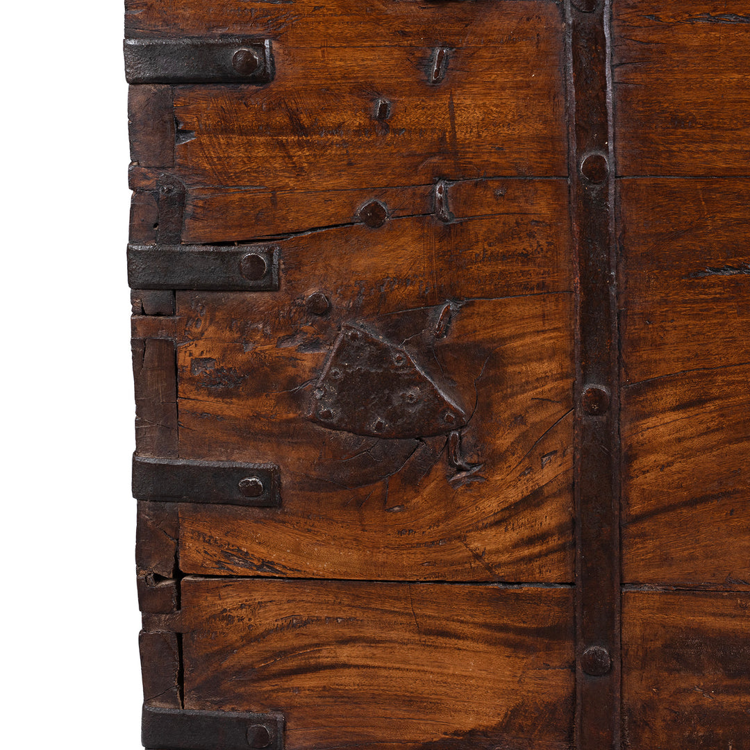 Repair Detail From Back Of 19th Century Iron Bound Indian Teak Chest With Candle Box And Lid Support Chain