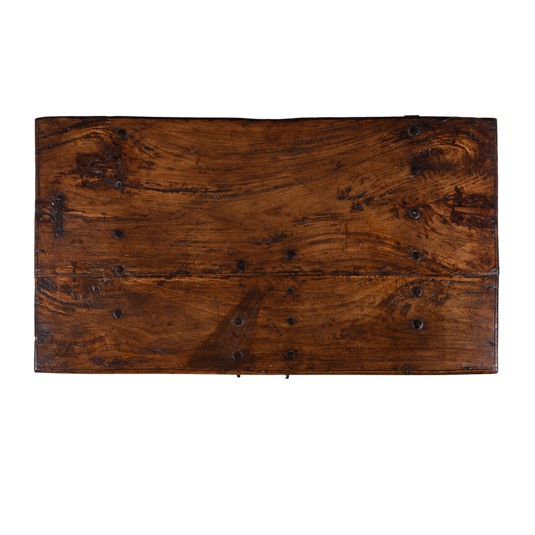 Top Down View Of 19th Century Iron Bound Indian Teak Chest With Candle Box And Lid Support Chain