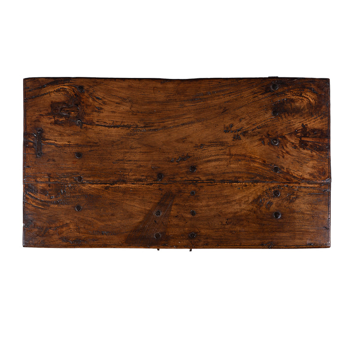 Top Down View Of 19th Century Iron Bound Indian Teak Chest With Candle Box And Lid Support Chain