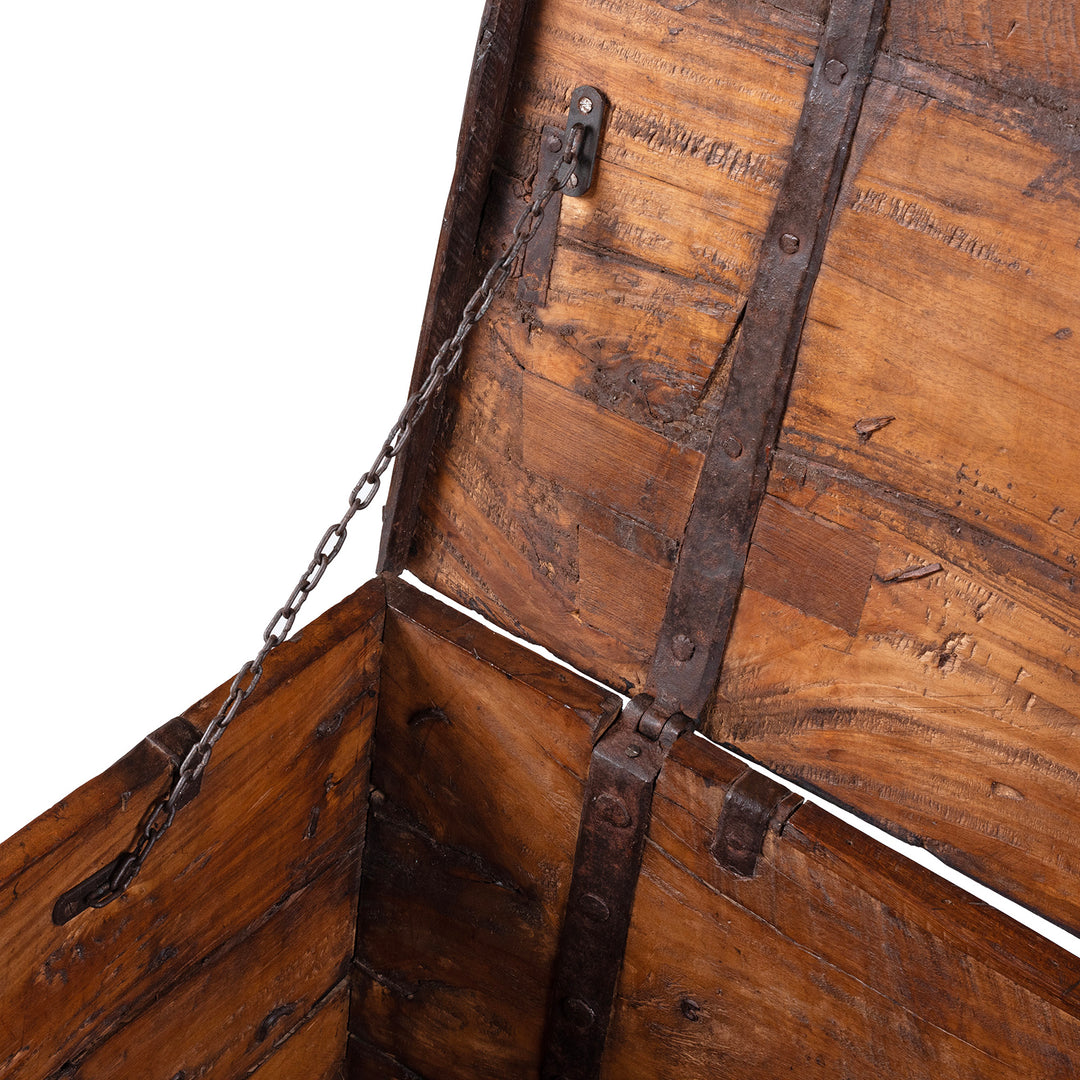 Chain Detail From 19th Century Iron Bound Indian Teak Chest With Candle Box And Lid Support Chain