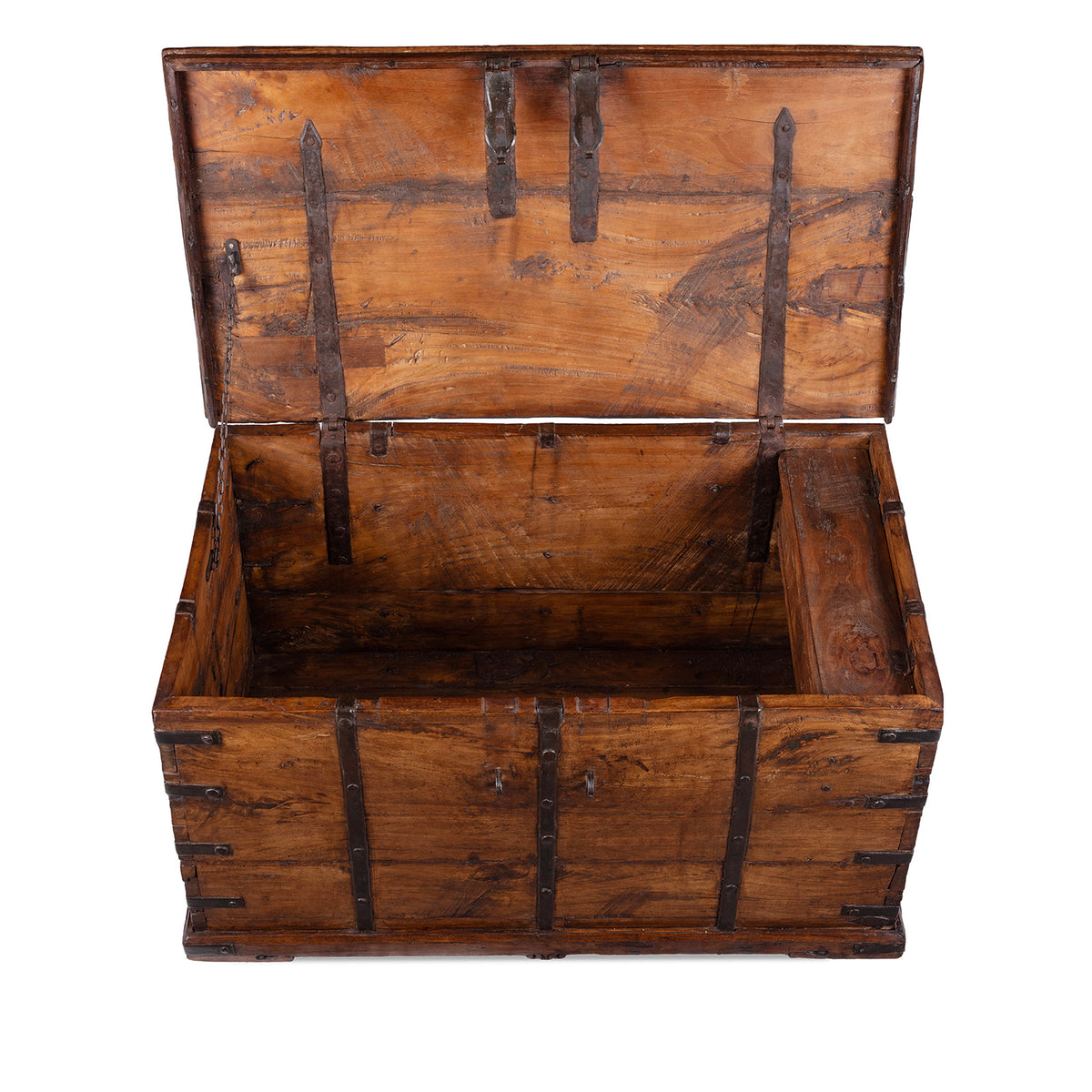 Interior Of 19th Century Iron Bound Indian Teak Chest With Candle Box And Lid Support Chain