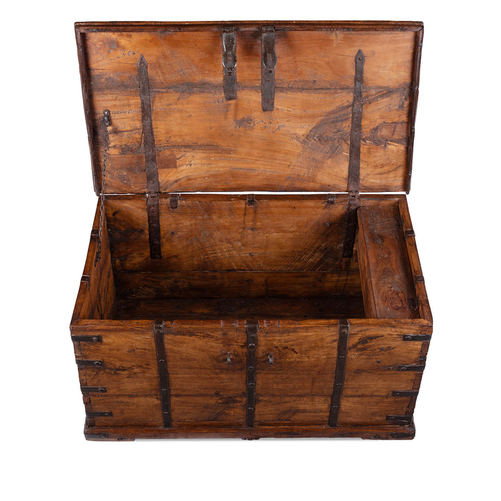 Interior Of 19th Century Iron Bound Indian Teak Chest With Candle Box And Lid Support Chain