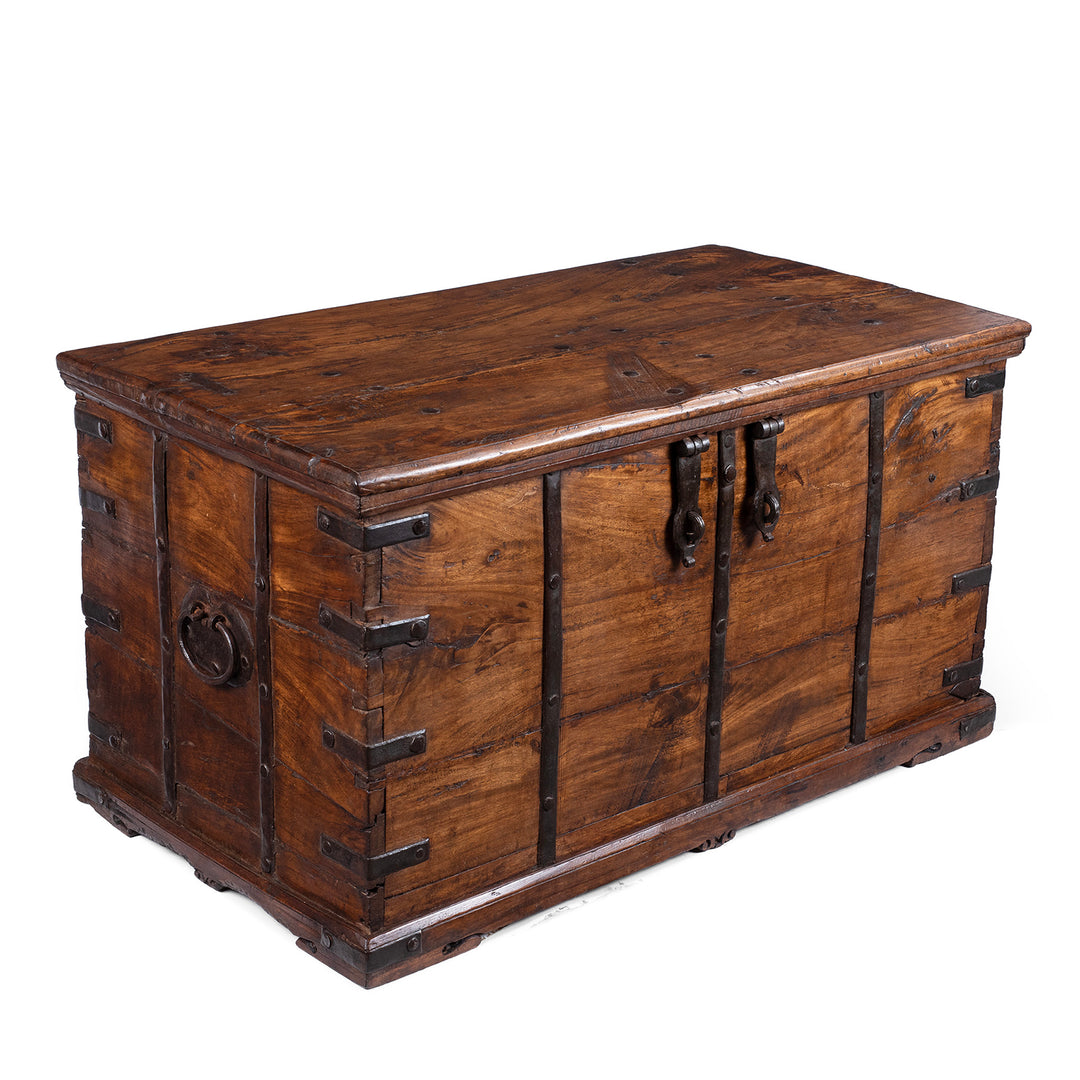 Angled VIew Of 19th Century Iron Bound Indian Teak Chest With Candle Box And Lid Support Chain