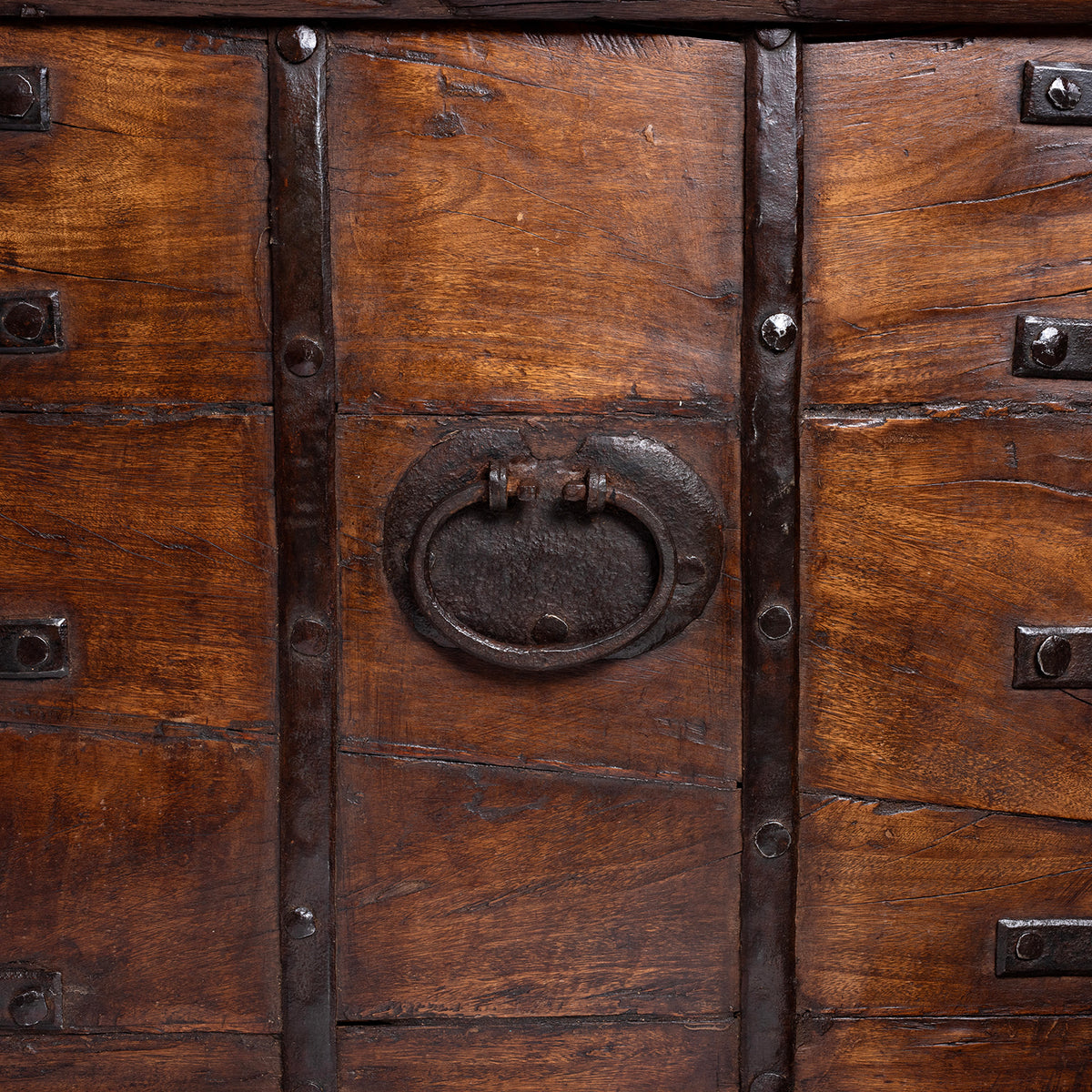 Handle Detail From 19th Century Iron Bound Indian Teak Chest With Candle Box And Lid Support Chain