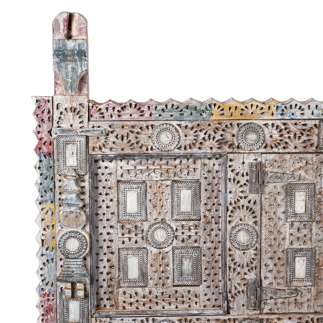 Top Corner Detail Diaplying COlours And Chip Carving On Teak Rubari "Damchiya" Dowry Chest From Kutch | Indigo Antiques