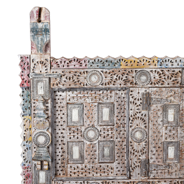 Top Corner Detail Diaplying COlours And Chip Carving On Teak Rubari "Damchiya" Dowry Chest From Kutch | Indigo Antiques