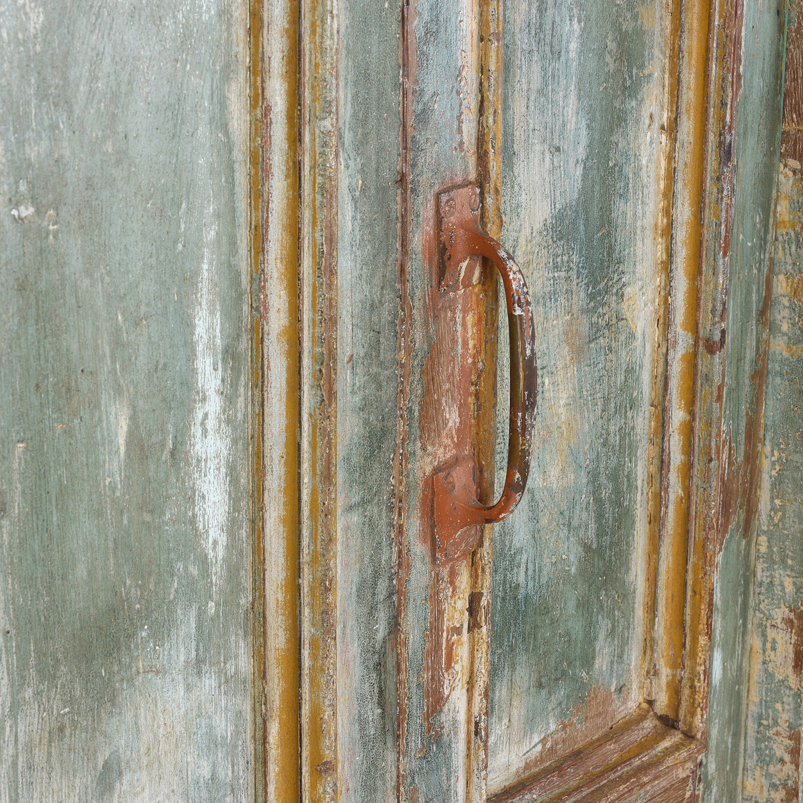 Handle Detail From Narrow Painted Indian Door And Frame From Gujarat With Worn Green And Terracotta Tones And Original Iron Latch 19Th Century