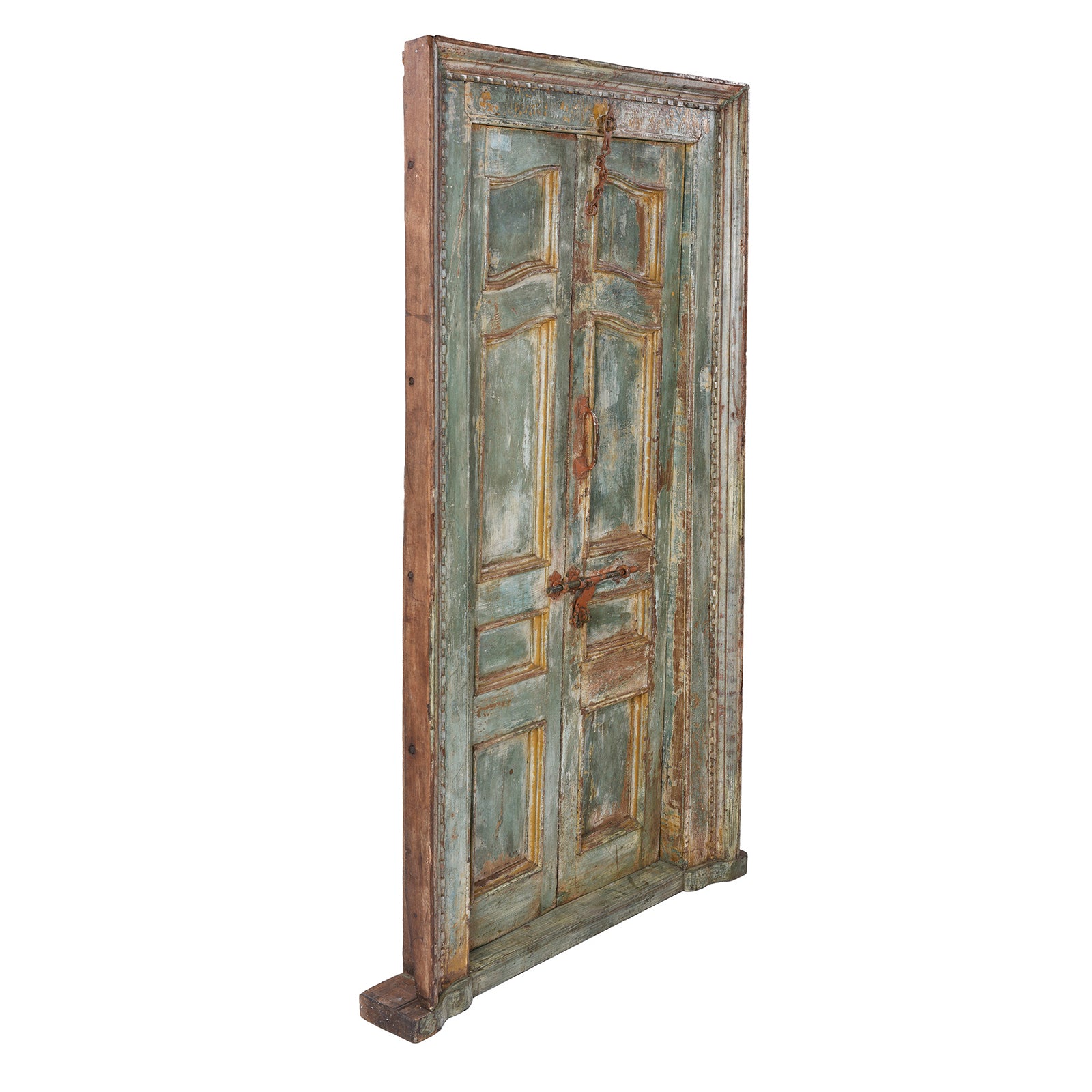 Angled View Of Narrow Painted Indian Door And Frame From Gujarat With Worn Green And Terracotta Tones And Original Iron Latch 19Th Century