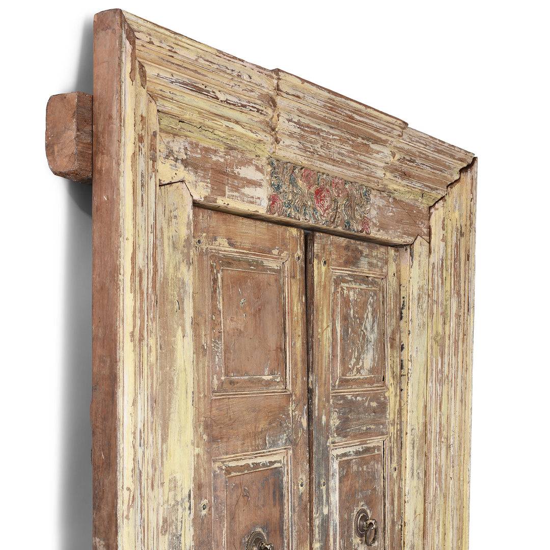 Depth Detail From Weathered Nineteenth Century Indian Teak Door Frame With Original Paint And Carved Floral Lintel