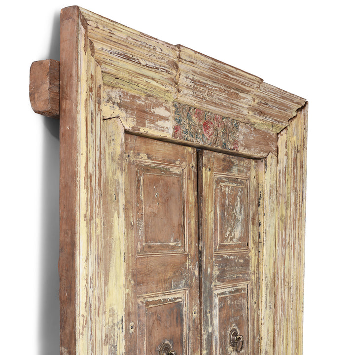 Depth Detail From Weathered Nineteenth Century Indian Teak Door Frame With Original Paint And Carved Floral Lintel